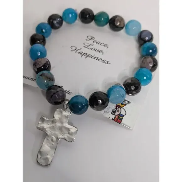 Genuine Fire Agate Bracelet w Silver Tone Rhinestone Cross Heart Cutouts NIB - Picture 2 of 5